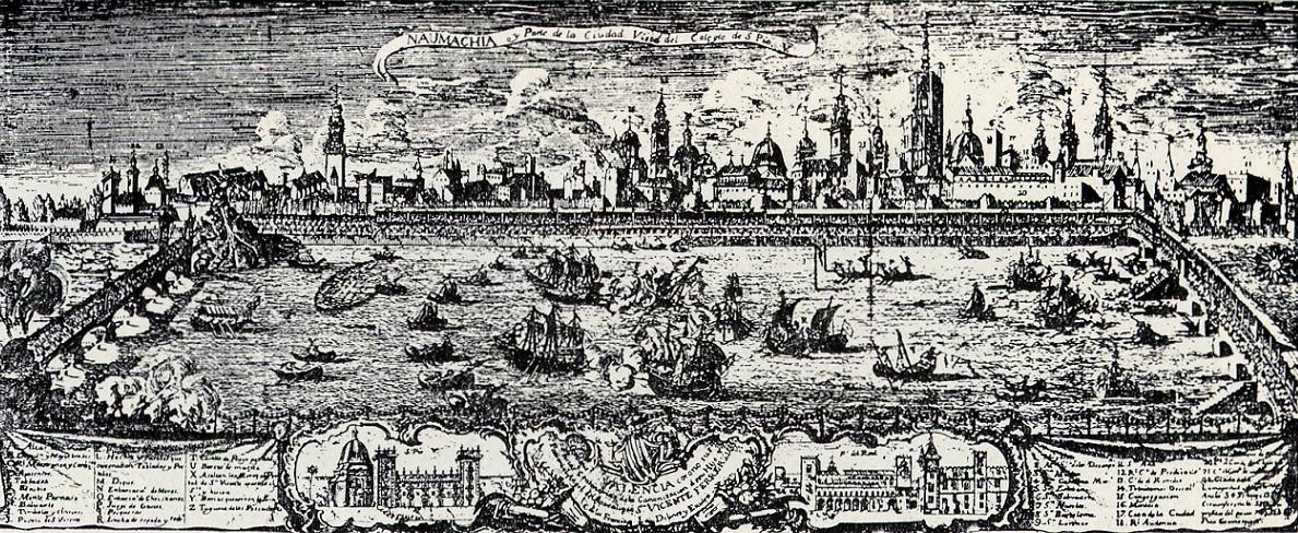 Grabado de una representación de una naumaquia en época moderna