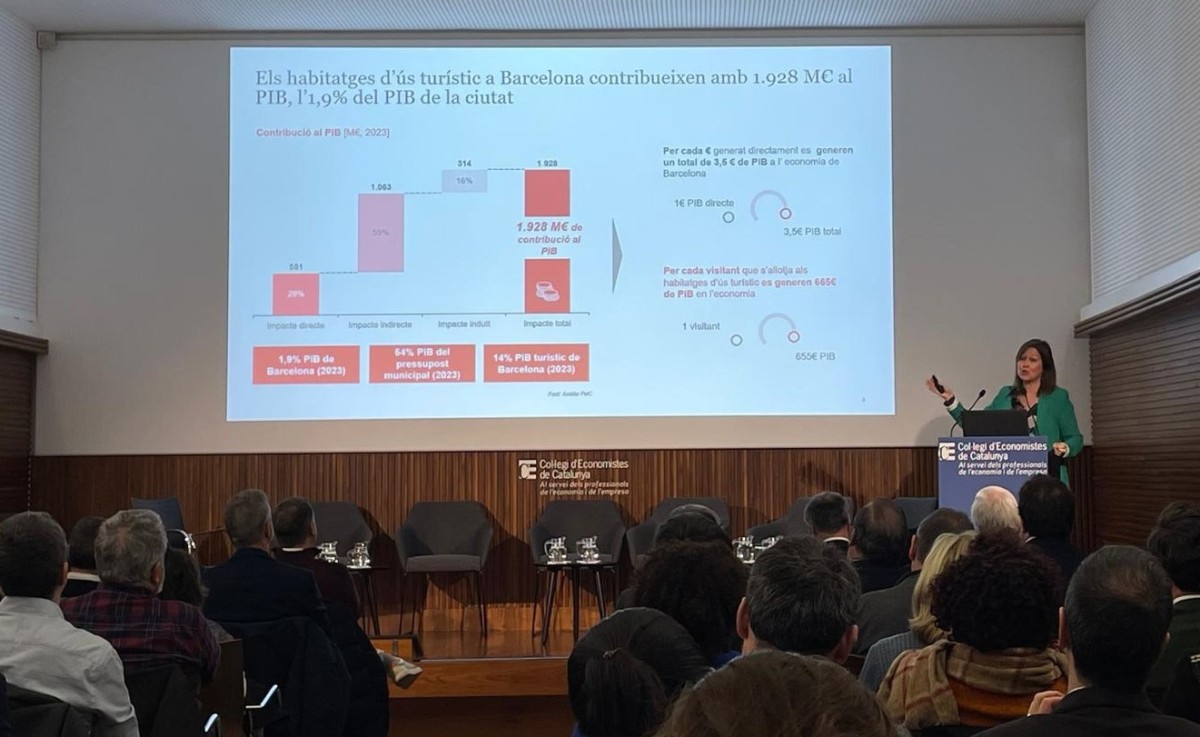 Eliminar pisos turístics amenaça l'1,9% del PIB de Barcelona i els 40.000 llocs de treball, segons PWC La sòcia de PwC Strategic Economics Anna Merino presenta l'informe elaborat per PwC sobre la contribució econòmica del sector: 'Impacte de l'eliminació dels habitatges d'ús turístic a Barcelona'