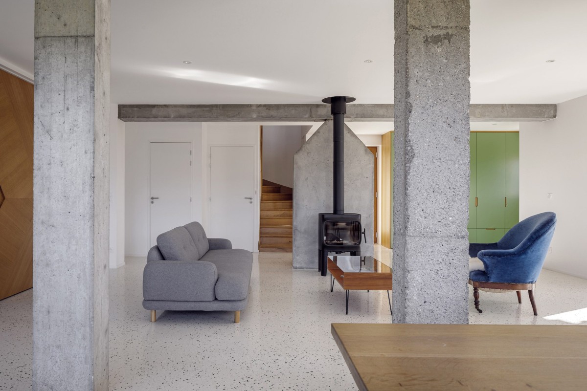 El salón queda presidido por una chimenea centralizada ante un delicado muro de hormigón.