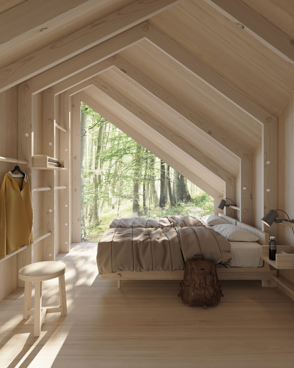 La madera es el material predominante en el interior, creando un ambiente cálido y acogedor que conecta al usuario con la naturaleza.