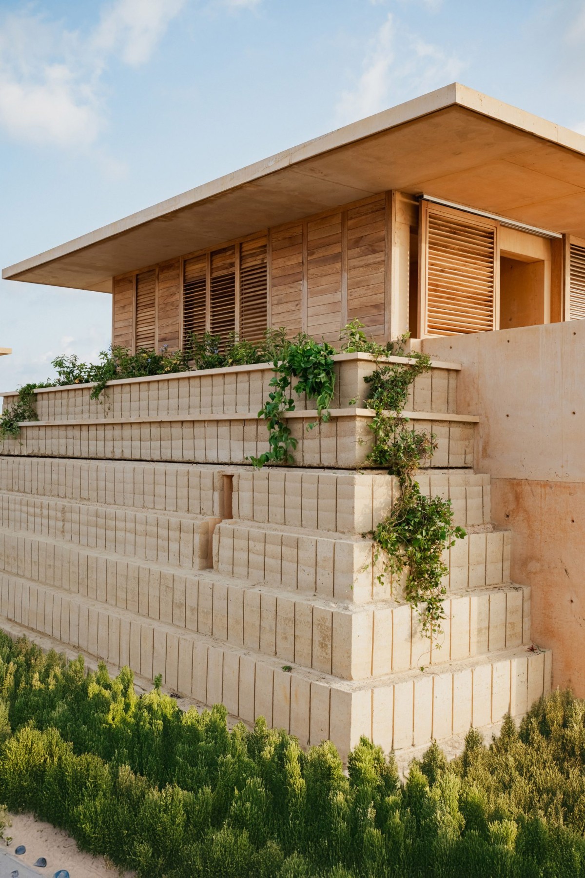Los edificios están construidos con bloques de hormigón pigmentado con un cálido tono arena y madera natural apagada.