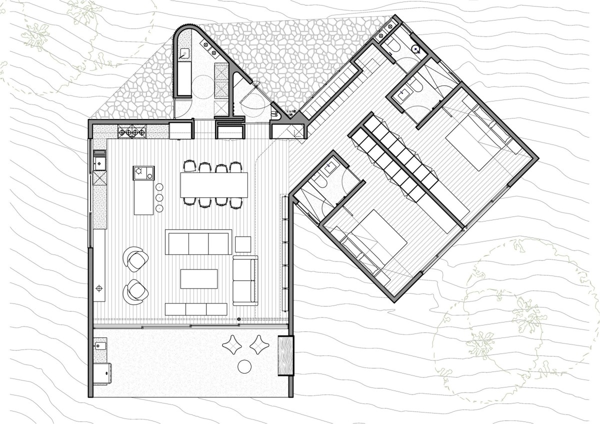 La inclinación de 45 grados permite que cada uno de los espacios esté orientado de forma precisa hacia los puntos cardinales más relevantes.