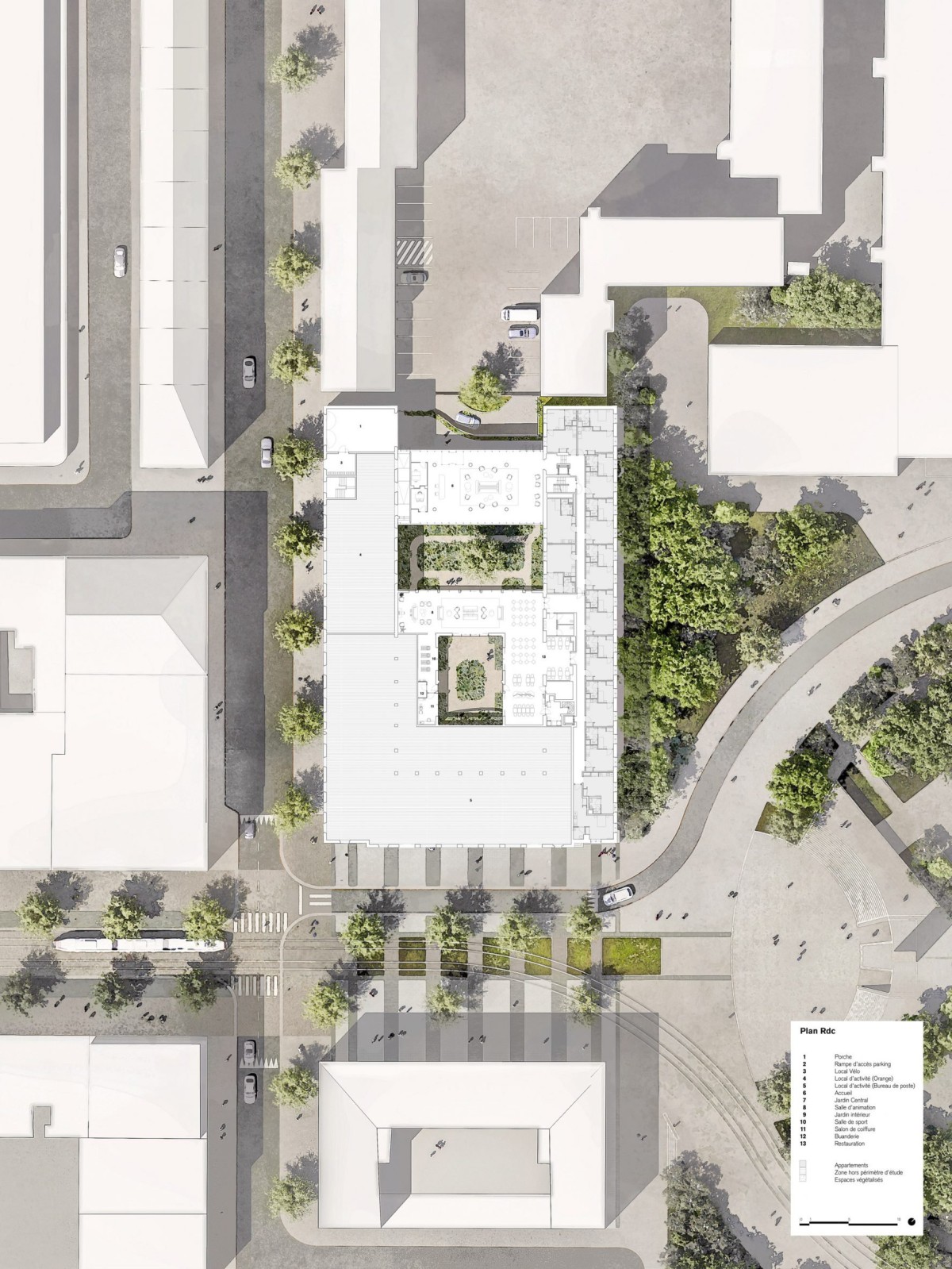 El edificio original seguía una planta en U en torno a un patio parcialmente cubierto. Se añadió una nueva ala formando un jardín interior.