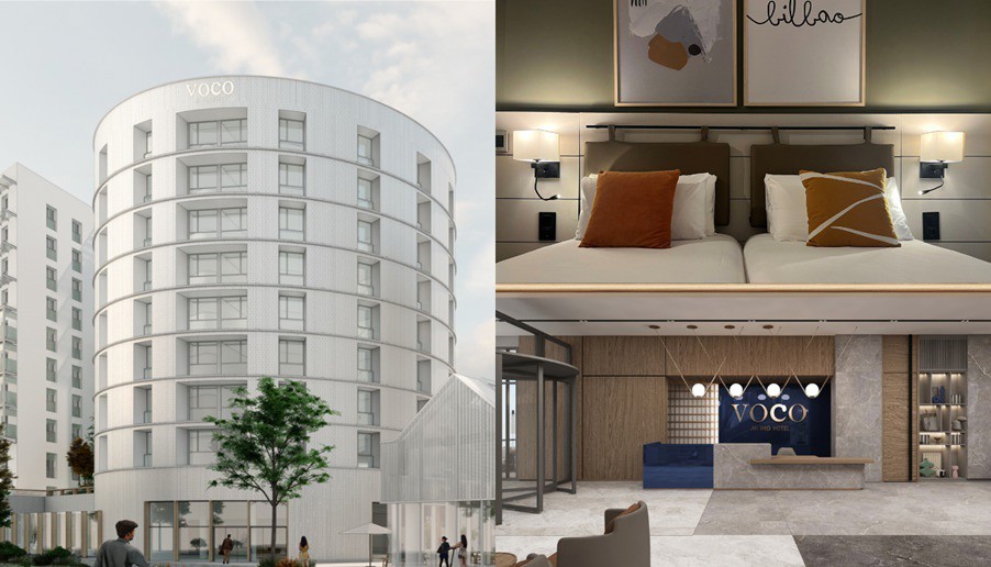 Render del exterior de voco Nantes (Izquierda). Imagen de una habitación de voco Bilbao City (Arriba derecha) y render del vestíbulo de voco Antalya- Konyaaltı (Abajo a la derecha).