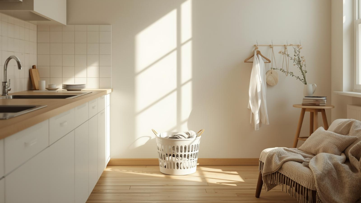 Escena hogareña luminosa con cocina despejada, cesta de colada y un salón ordenado que representa las tres rutinas básicas para mantener el orden.