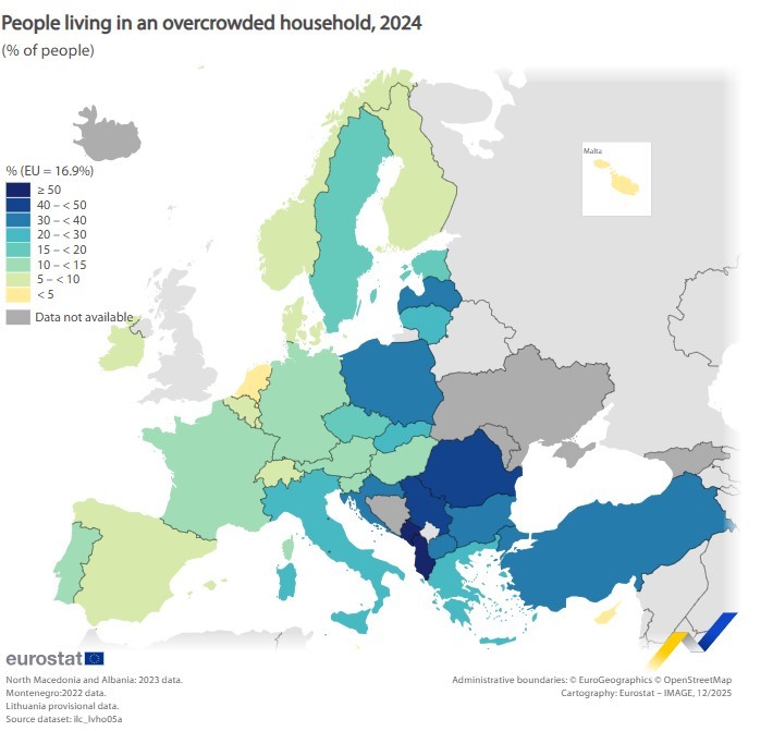Población de la UE vivía en hogares en aglomeración