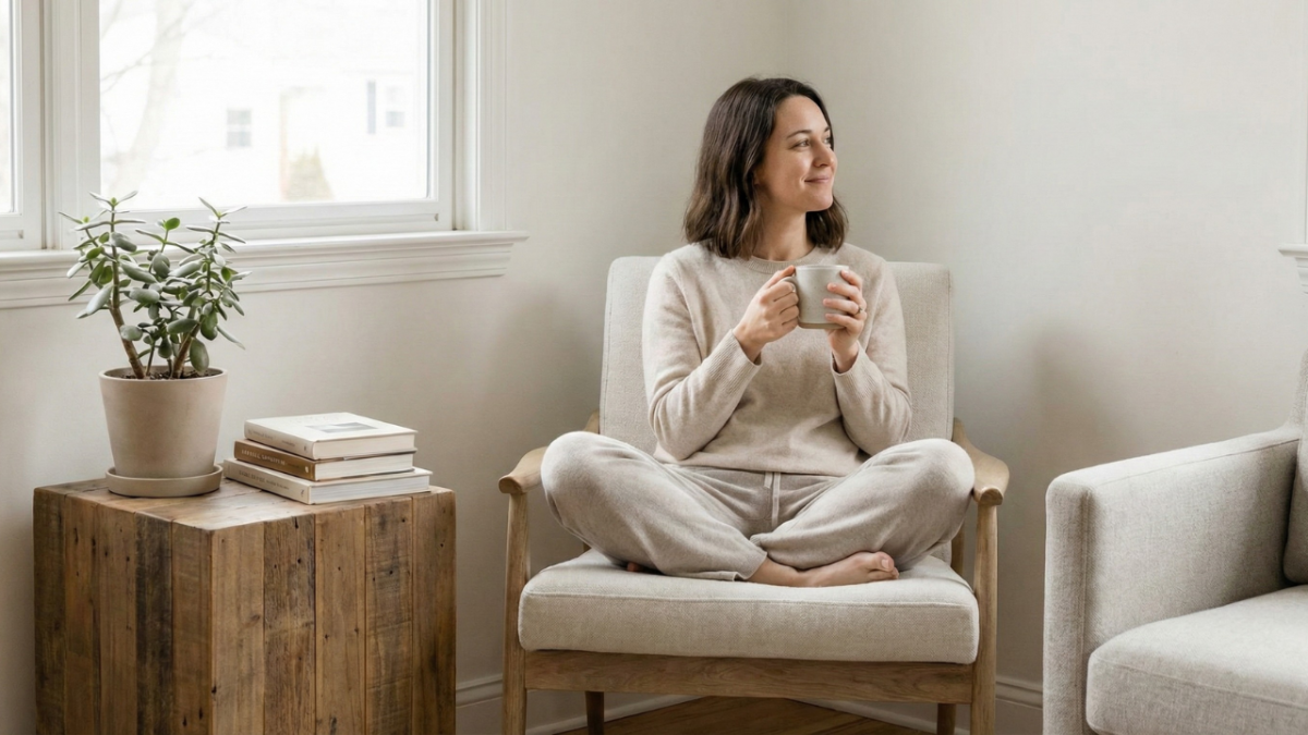 Mujer relajada con ropa cómoda sentada en un sillón beige junto a una ventana luminosa, sosteniendo una taza y mirando hacia afuera en un salón minimalista.