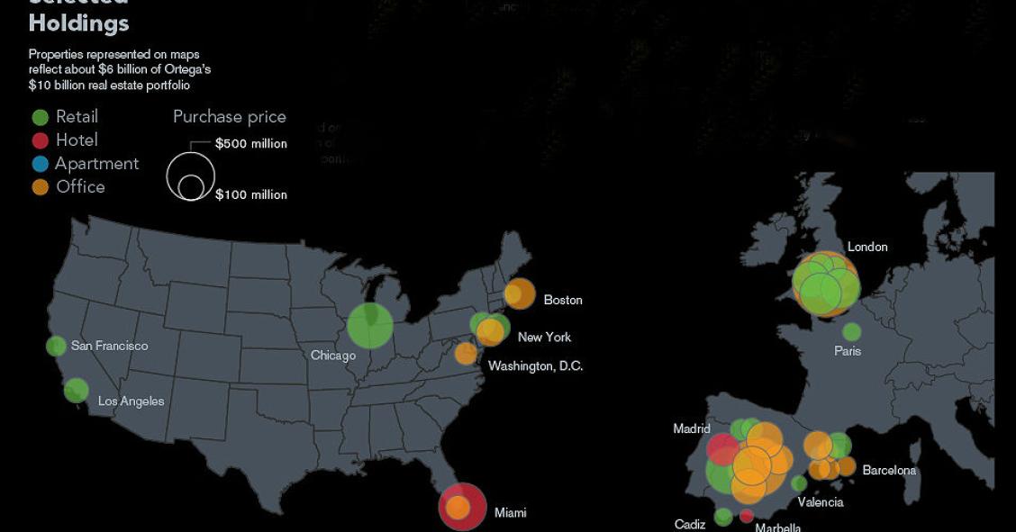 Mapa de los inmuebles del imperio inmobiliario de amancio ortega