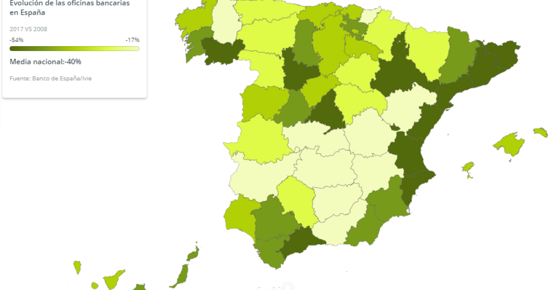 El número de sucursales bancarias ha caído un 40% desde 2008: así ha variado en tu provincia