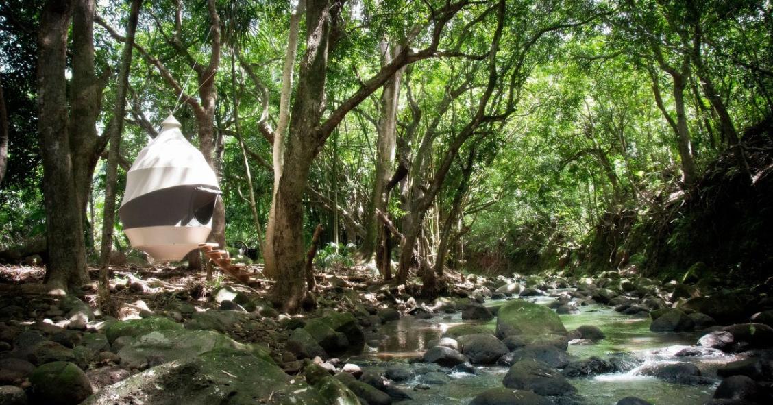 Un espectacular hotel en Isla Mauricio con habitaciones colgantes y rodeado de árboles 