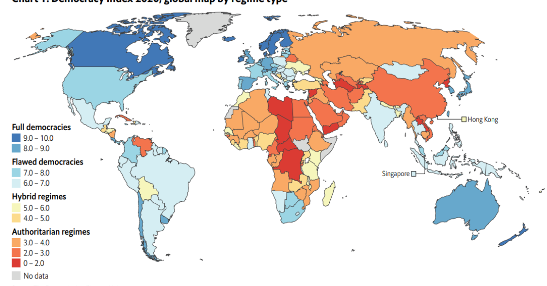 Imagen del día: los países más y menos democráticos en 2020 (España sigue siendo una democracia plena)