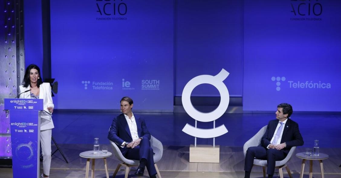El tenista Rafa Nadal y el presidente de Telefónica, José María Álvarez-Pallete, en la inaguración de EnlightED 