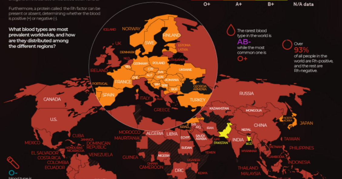 Imagen del día: mapa de los grupos sanguíneos más comunes por país
