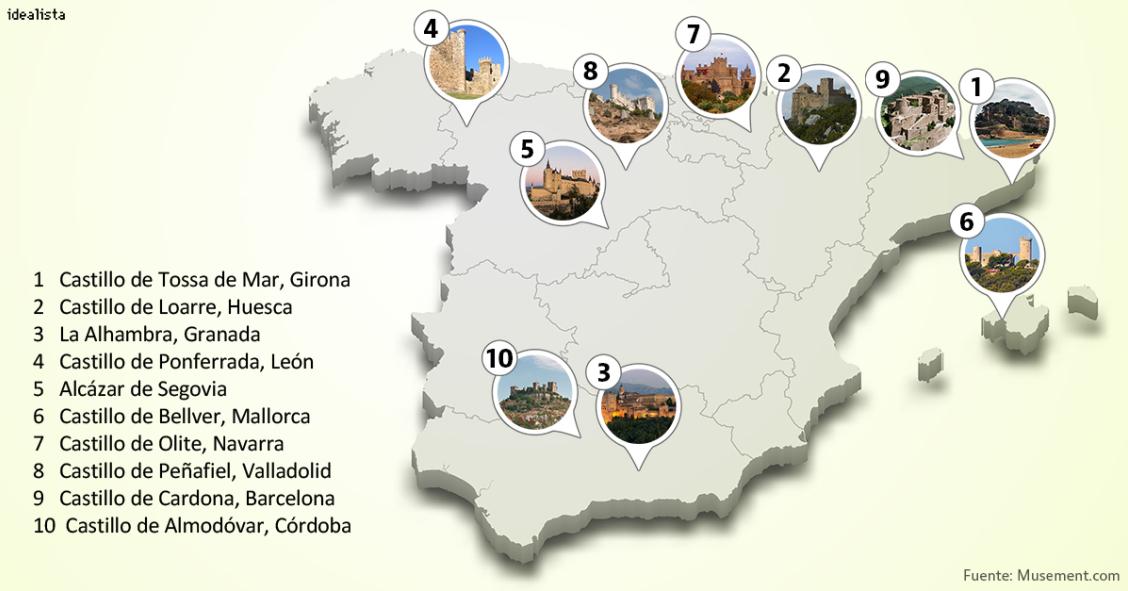 Mapa de los 10 castillos y fortalezas más bonitos de España