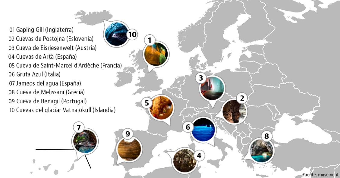 Mapa con 10 de las cuevas más bonitas de Europa y 2 están en España