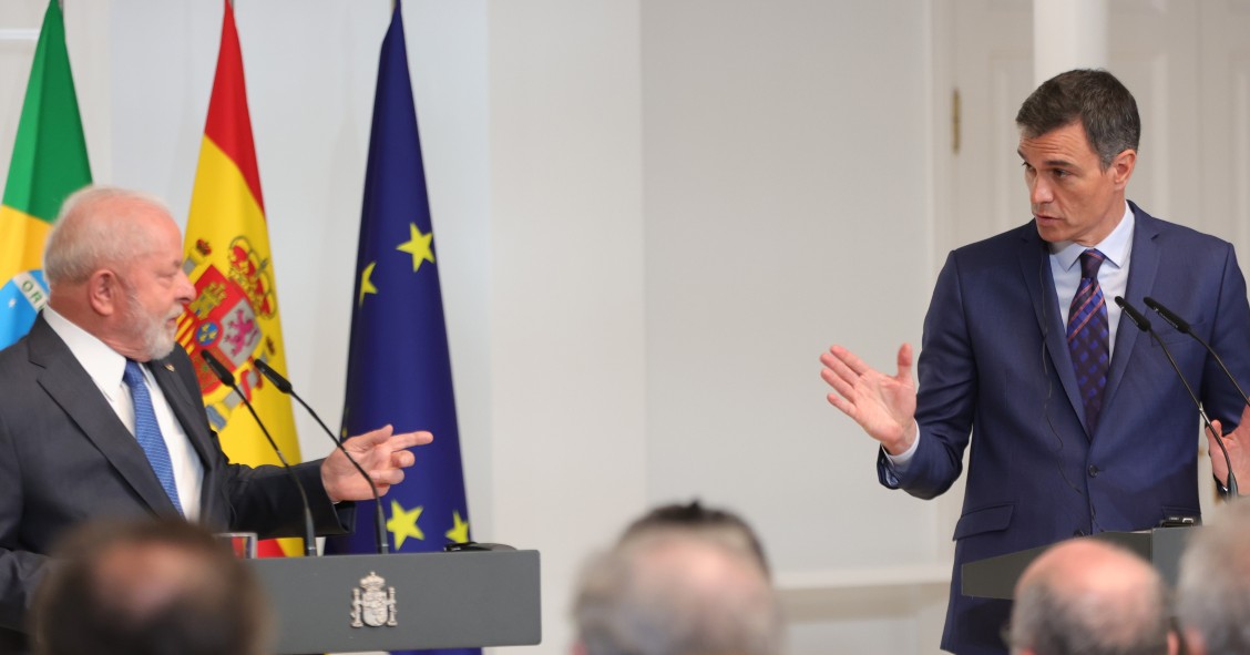 El presidente del Gobierno, Pedro Sánchez junto al presidente de la República Federativa de Brasil, Lula da Silva, este miércoles en Moncloa.