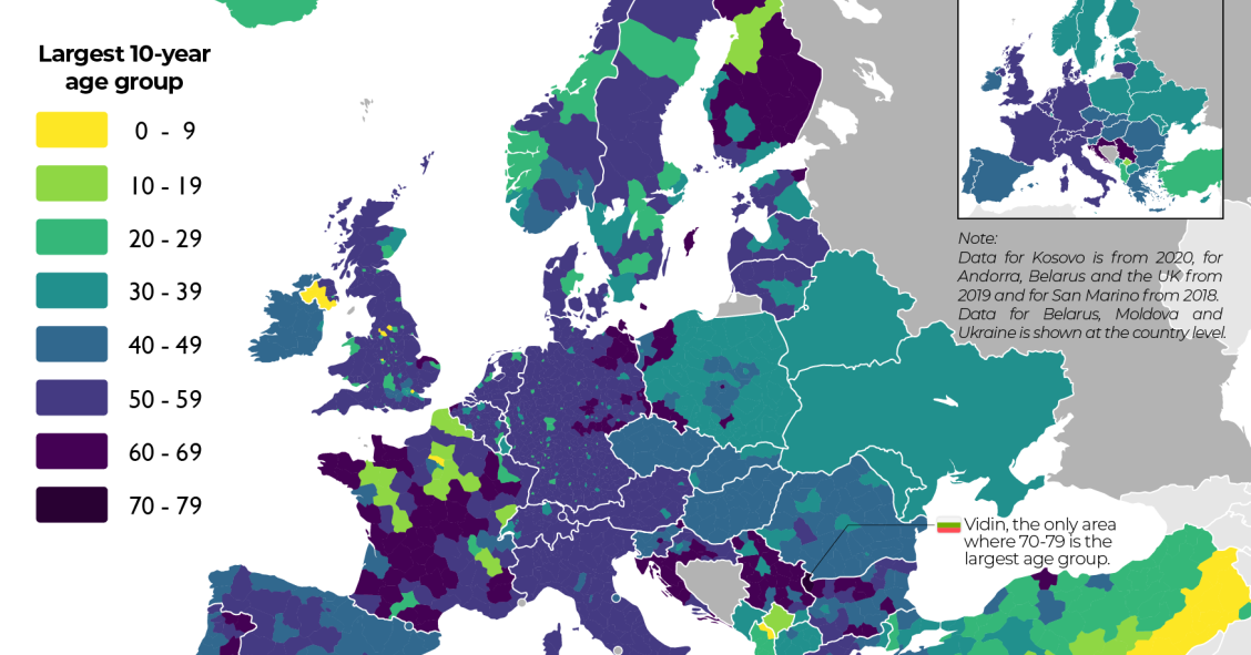 Mapa del grupo de edad más numeroso de Europa