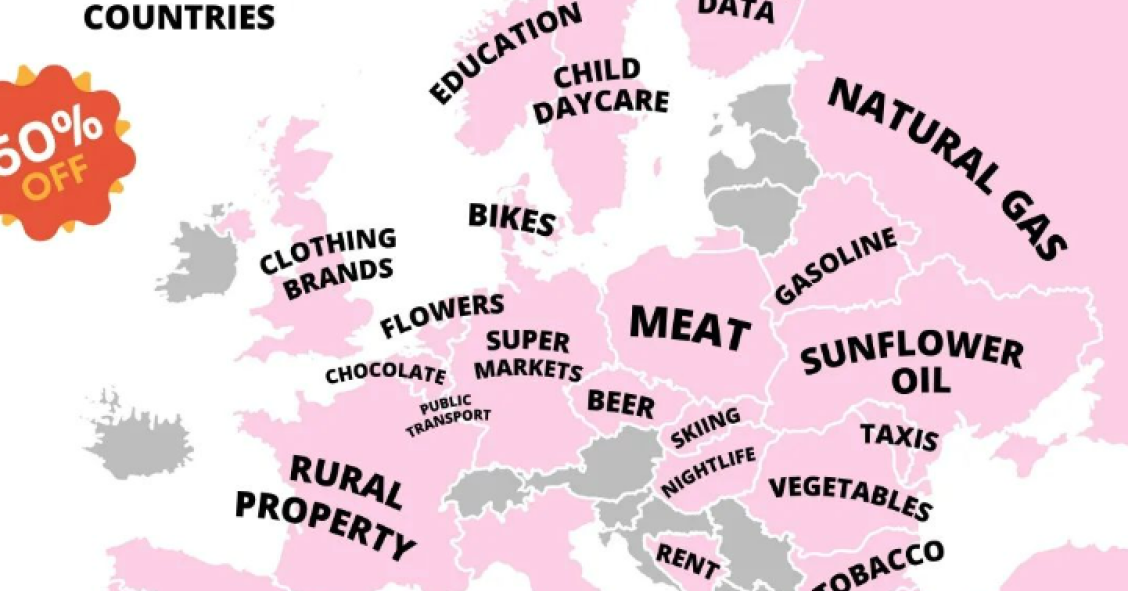 Mapa de Europa donde qué cosas son más baratas de comprar