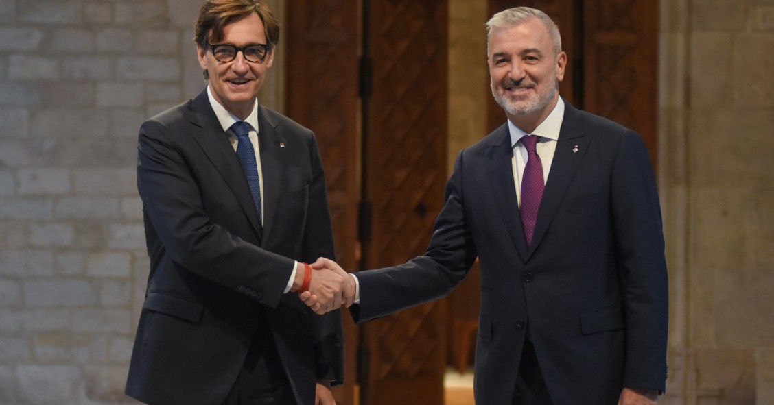 El presidente de la Generalitat, Salvador Illa, y el alcalde de Barcelona, Jaume Collboni, durante su primera reunión institucional, en el Palau de la Generalitat, a 4 de septiembre de 2024