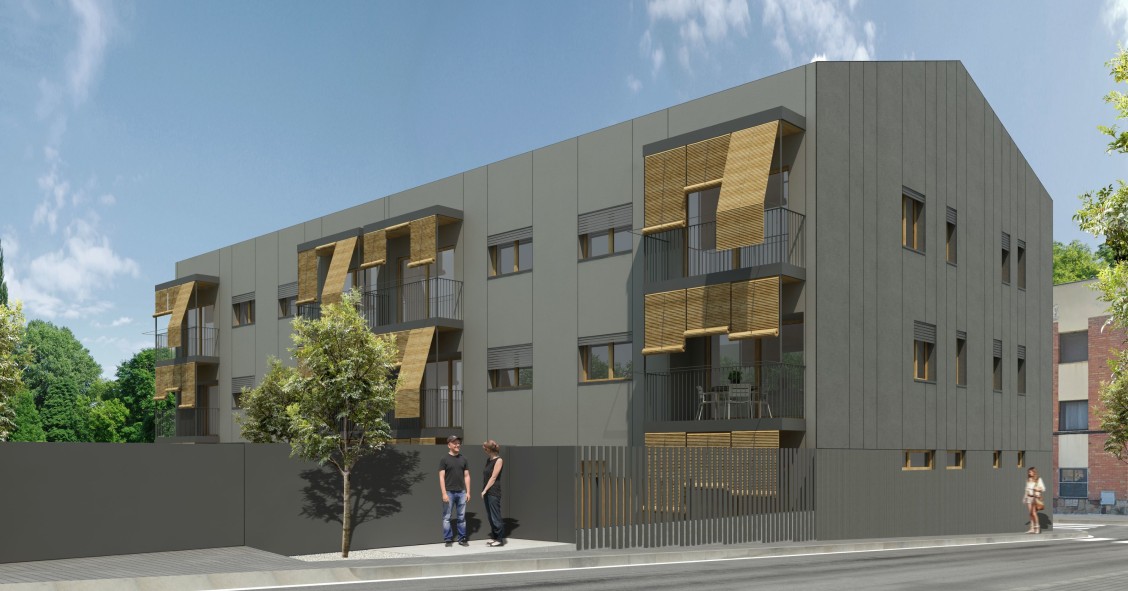 Render exterior de 'La Termal', proyecto piloto de viviendas de consumo positivo en La Garriga, Barcelona