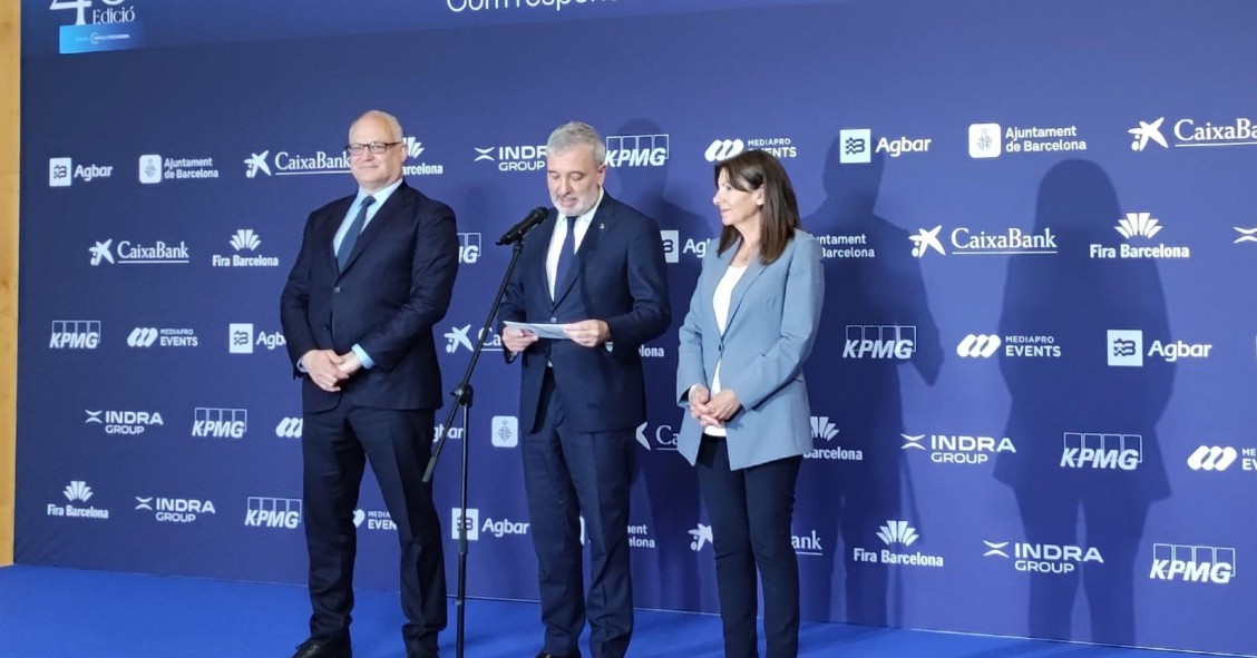 El alcalde de Barcelona, Jaume Collboni; la alcaldesa de París, Anne Hidalgo, y el alcalde de Roma, Roberto Gualtieri, en declaraciones en la 40 Reunión del Cercle