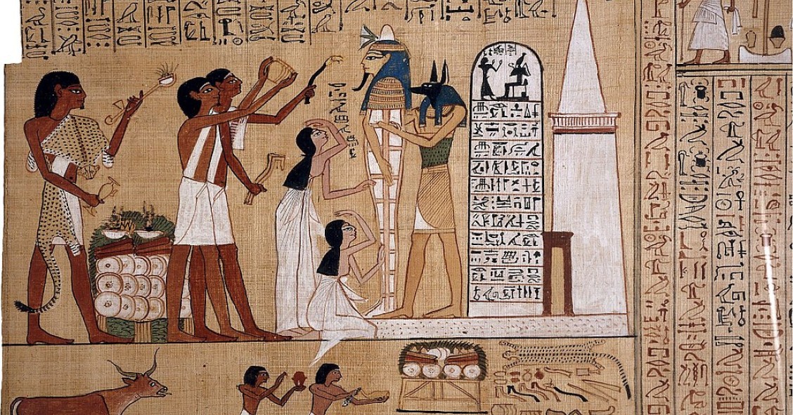 Fragmento del papiro en la que se muestra la momia de Hunefer, sujetada por un sacerdote de Anubis, recibiendo un ritual.