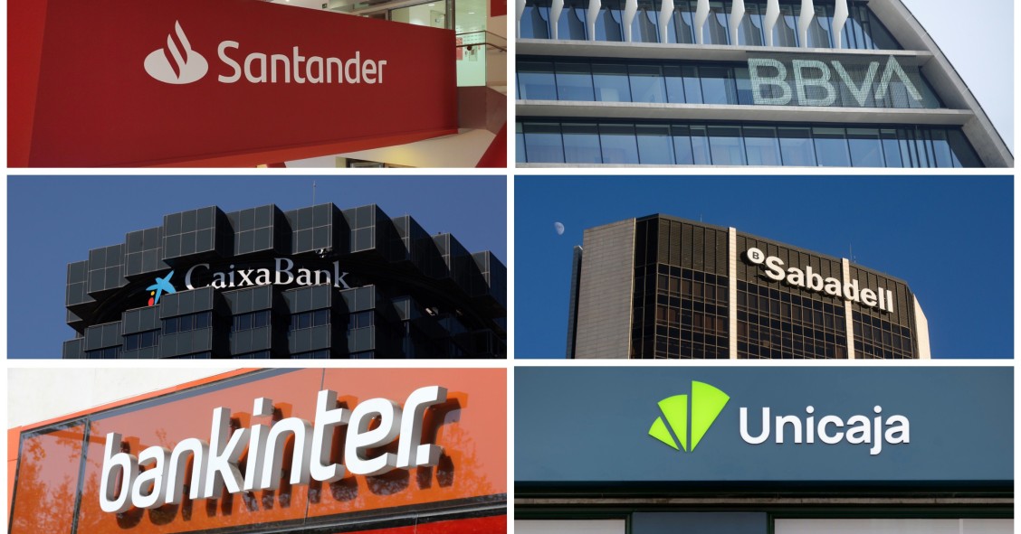 Archivo - Logos de Banco Santander, BBVA, CaixaBank, Banco Sabadell, Bankinter y Unicaja