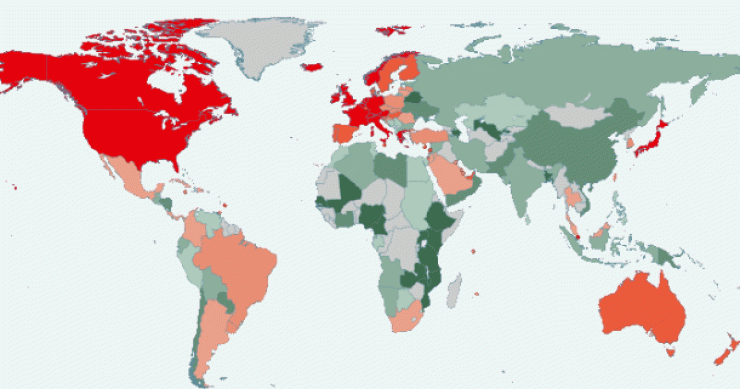 Imagen del día: mapa mundi de la deuda global por persona en 2010