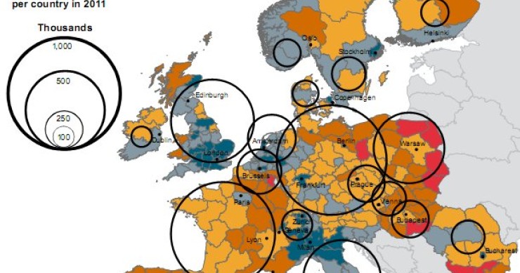 Imagen del día: mapa del porcentaje de trabajadores en la administración pública respecto a trabajadores en oficinas que hay en cada región de Europa