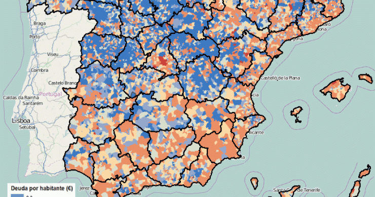 Mapa con las localidades con más deuda de España