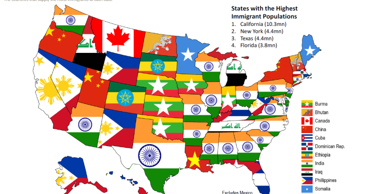 Imagen del día: El mapa de la inmigración en Estados Unidos, por nacionalidades