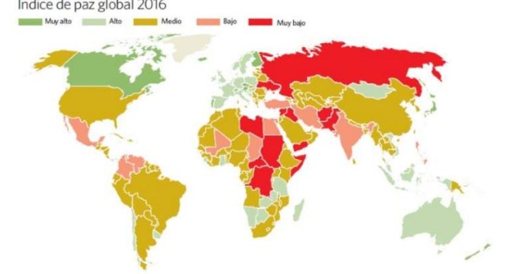 Imagen del día: mapa de los países más y menos pacíficos del mundo en 2016