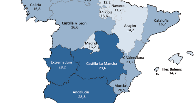 Imagen del día: mapa de la tasa de paro en cada CC.AA.