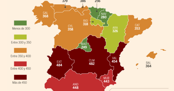 Imagen del día: los días de salario necesarios para pagar la deuda pública por CCAA