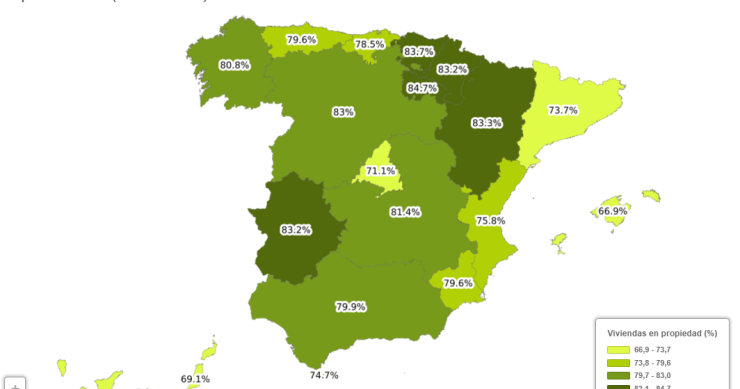Mapa del porcentaje de viviendas en propiedad que hay en cada CCAA