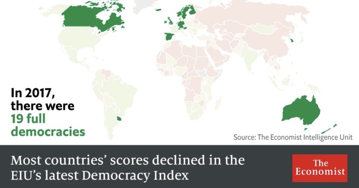 Imagen del día: España entre las 19 democracias plenas del mundo, según The Economist 