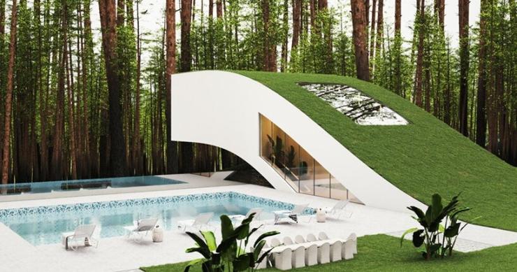 Módulos limpios, curvos y flotantes para el diseño de esta casa semisubterránea en Suiza