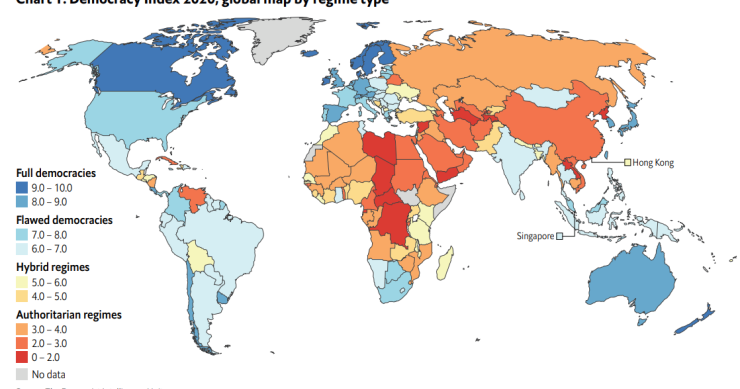 Imagen del día: los países más y menos democráticos en 2020 (España sigue siendo una democracia plena)