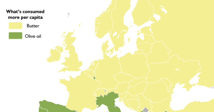 Imagen del día: el consumo de aceite de oliva y mantequilla en países europeos