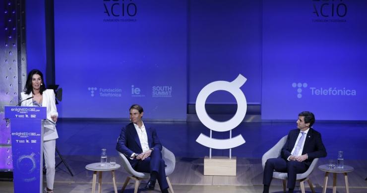 El tenista Rafa Nadal y el presidente de Telefónica, José María Álvarez-Pallete, en la inaguración de EnlightED 