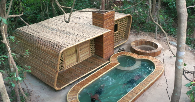 Construyen en sólo 15 días una increíble casa de bambú con salón y piscina subterráneos