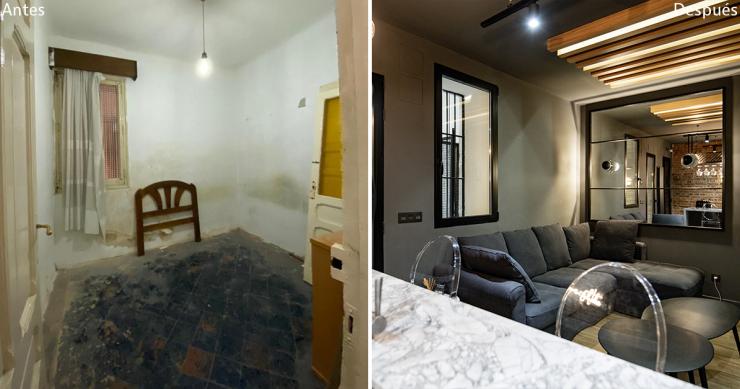 Antes y después de un semisótano de 86 m2 reconvertido en un piso de diseño