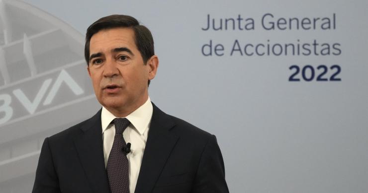 El presidente del BBVA, Carlos Torres Vila, en Bilbao con motivo de la Junta de Accionistas del banco