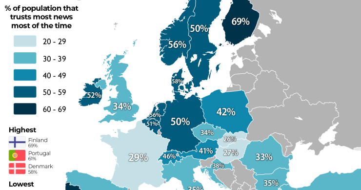 El mapa de la confianza de los ciudadanos europeos en las noticias 