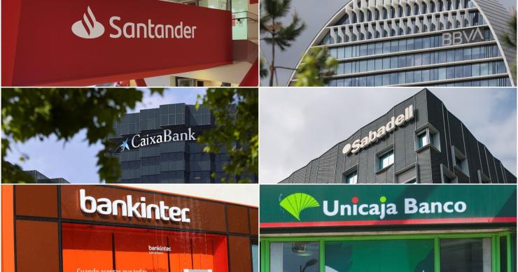 Archivo - Logos de Banco Santander, BBVA, CaixaBank, Banco Sabadell, Bankinter y Unicaja Banco