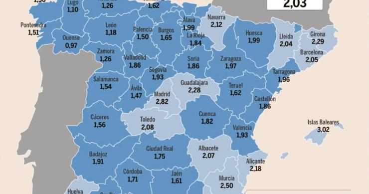 El mapa de los cotizantes en España por cada pensionista