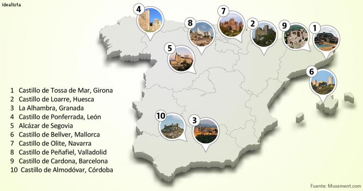 Mapa de los 10 castillos y fortalezas más bonitos de España