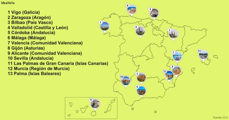 Mapa de las 13 ciudades españolas con mejor calidad de vida