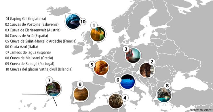 Mapa con 10 de las cuevas más bonitas de Europa y 2 están en España