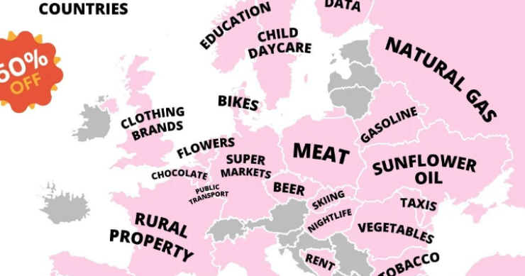 Mapa de Europa donde qué cosas son más baratas de comprar